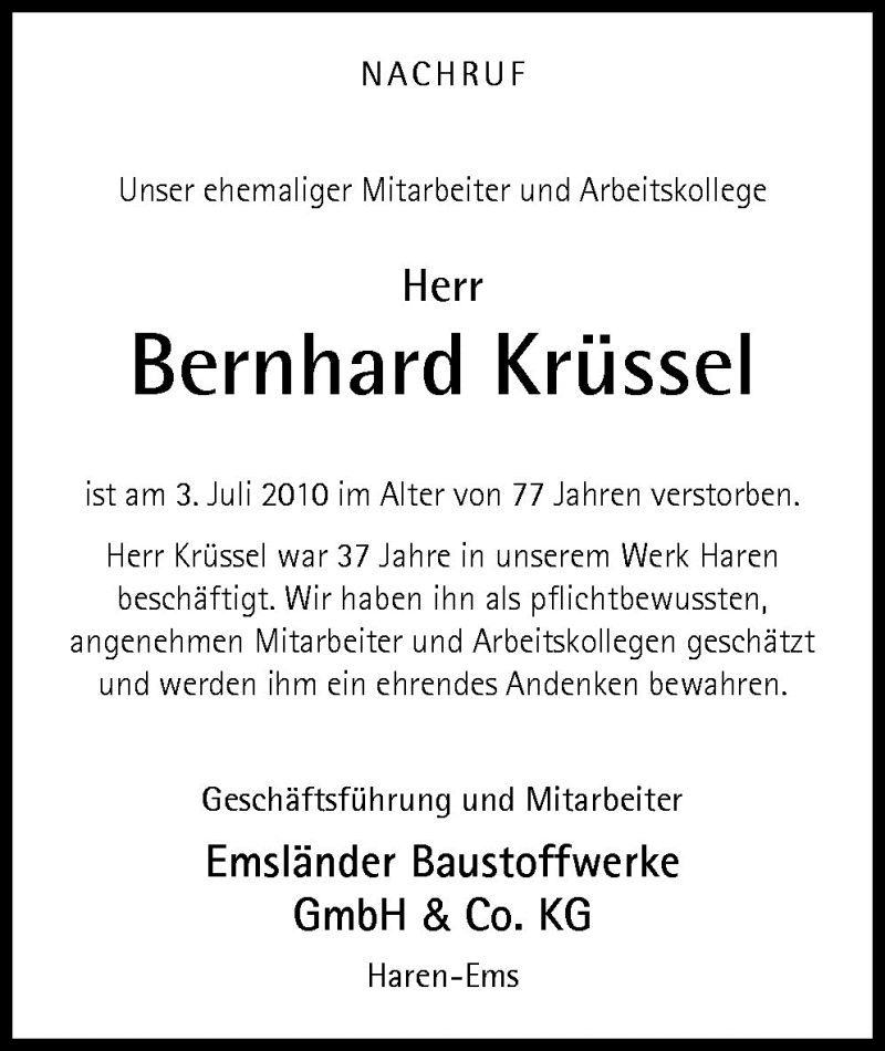  Traueranzeige für Bernhard Krüssel vom 07.07.2010 aus Neue Osnabrücker Zeitung GmbH & Co. KG