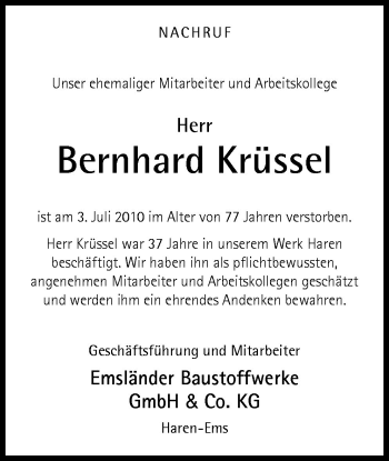 Traueranzeige von Bernhard Krüssel von Neue Osnabrücker Zeitung GmbH & Co. KG