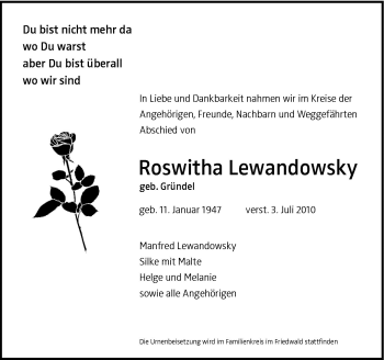 Traueranzeige von Roswitha Lewandowsky von Neue Osnabrücker Zeitung GmbH & Co. KG