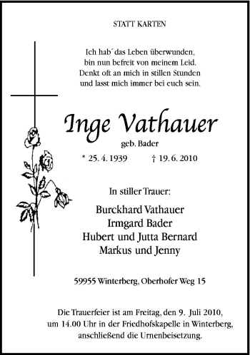 Traueranzeige von Inge Vathauer von Neue Osnabrücker Zeitung GmbH & Co. KG