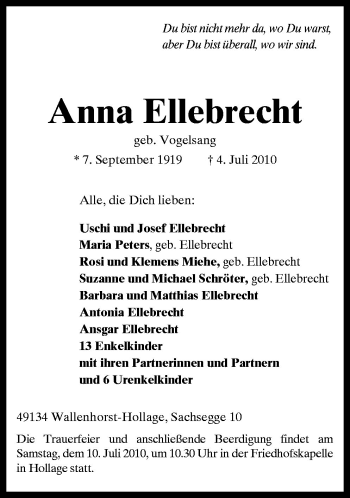 Traueranzeige von Anna Ellebrecht von Neue Osnabrücker Zeitung GmbH & Co. KG
