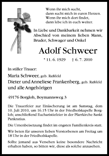 Traueranzeige von Adolf Schweer von Neue Osnabrücker Zeitung GmbH & Co. KG