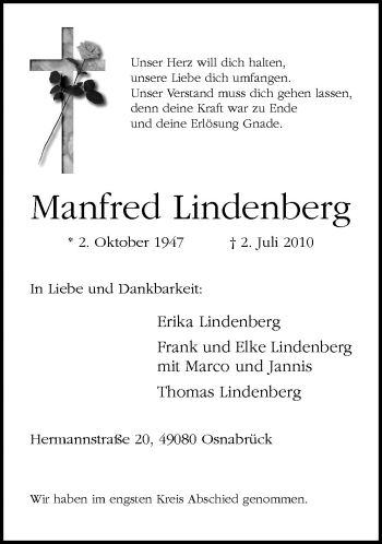 Traueranzeige von Manfred Lindenberg von Neue Osnabrücker Zeitung GmbH & Co. KG