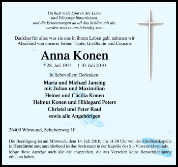 Traueranzeige von Anna Konen von Neue Osnabrücker Zeitung GmbH & Co. KG