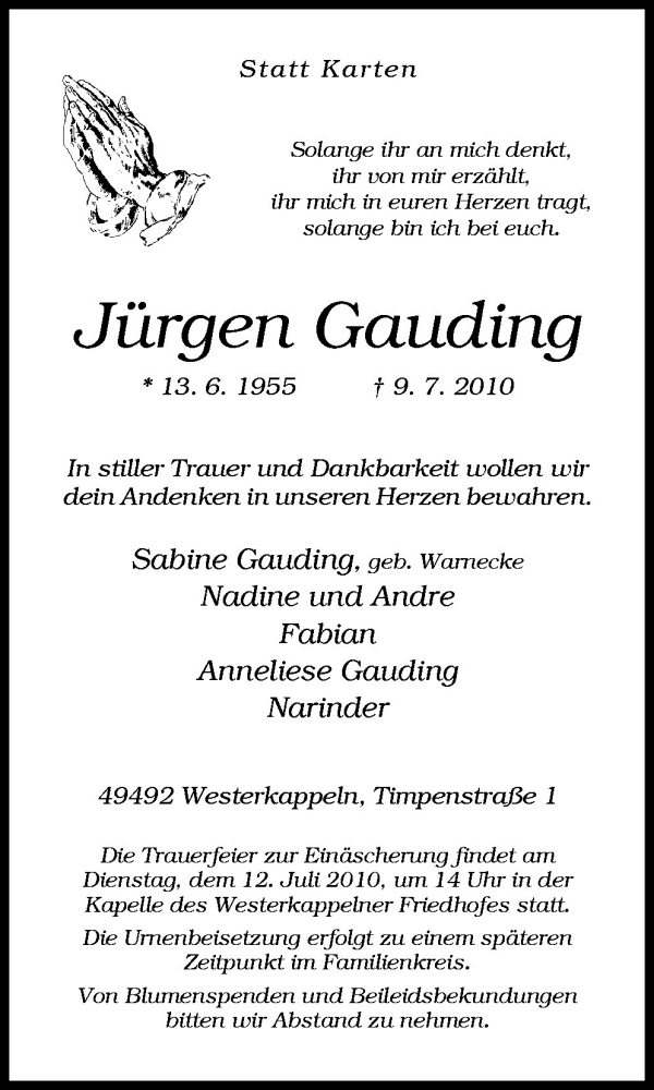  Traueranzeige für Jürgen Gauding vom 12.07.2010 aus Neue Osnabrücker Zeitung GmbH & Co. KG