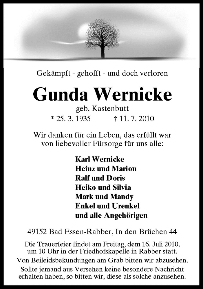  Traueranzeige für Gunda Wernicke vom 13.07.2010 aus Neue Osnabrücker Zeitung GmbH & Co. KG