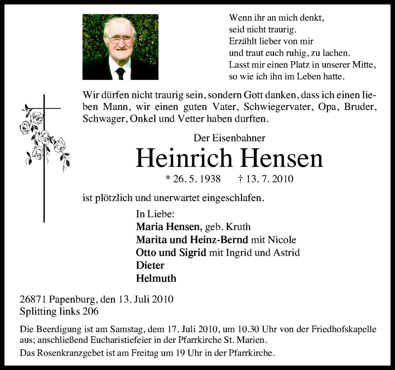  Traueranzeige für Heinrich Hensen vom 15.07.2010 aus Neue Osnabrücker Zeitung GmbH & Co. KG