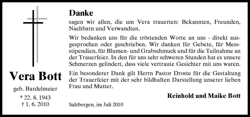  Traueranzeige für Vera Bott vom 14.07.2010 aus Neue Osnabrücker Zeitung GmbH & Co. KG