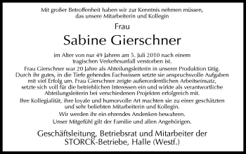 Traueranzeige von Sabine Gierschner von Neue Osnabrücker Zeitung GmbH & Co. KG