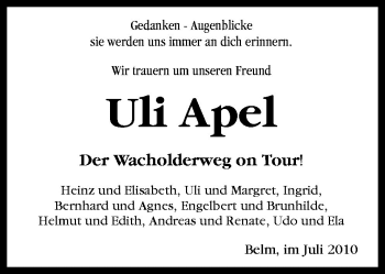 Traueranzeige von Uli Apel von Neue Osnabrücker Zeitung GmbH & Co. KG