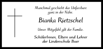 Traueranzeige von Bianca Rietzschel von Neue Osnabrücker Zeitung GmbH & Co. KG