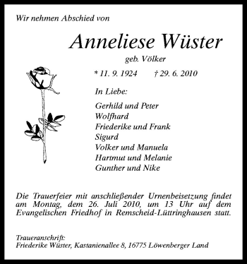 Traueranzeige von Anneliese Wüster von Neue Osnabrücker Zeitung GmbH & Co. KG