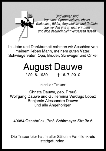 Traueranzeige von August Dauwe von Neue Osnabrücker Zeitung GmbH & Co. KG
