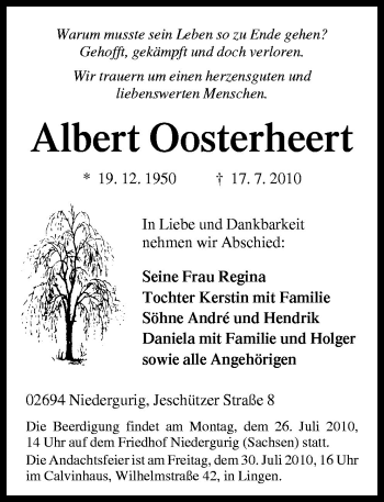 Traueranzeige von Albert Oosterheert von Neue Osnabrücker Zeitung GmbH & Co. KG