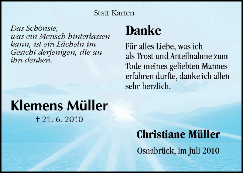  Traueranzeige für Klemens Müller vom 24.07.2010 aus Neue Osnabrücker Zeitung GmbH & Co. KG