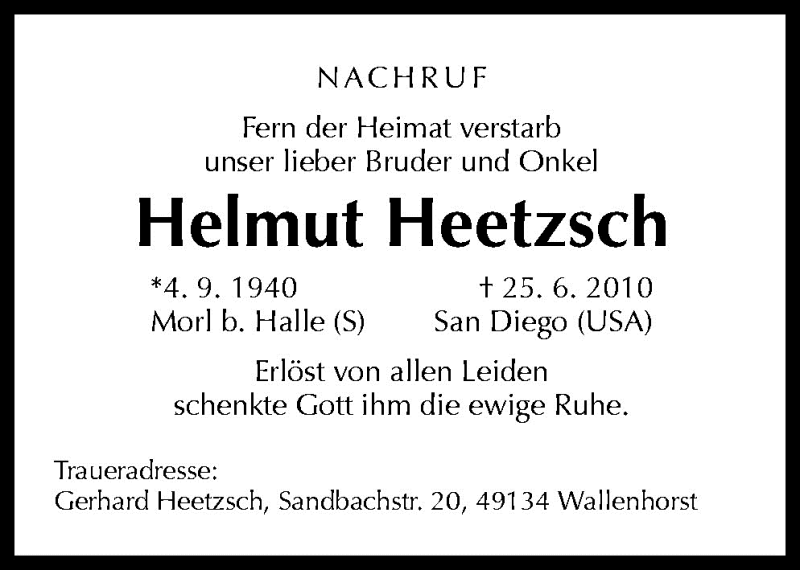  Traueranzeige für Helmut Heetzsch vom 24.07.2010 aus Neue Osnabrücker Zeitung GmbH & Co. KG