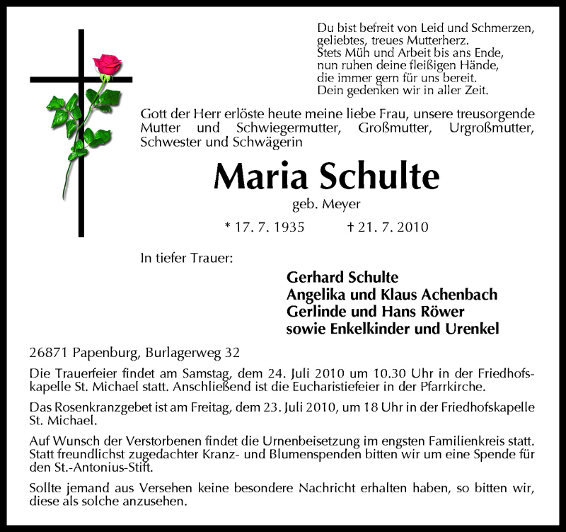  Traueranzeige für Maria Schulte vom 23.07.2010 aus Neue Osnabrücker Zeitung GmbH & Co. KG