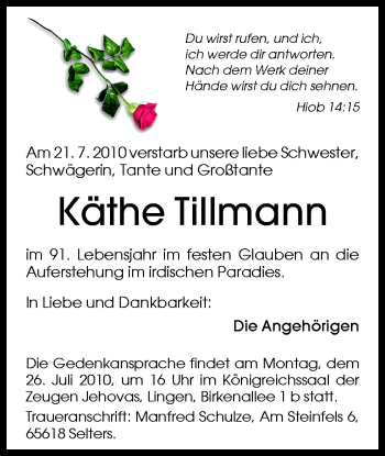 Traueranzeige von Käthe Tillmann von Neue Osnabrücker Zeitung GmbH & Co. KG