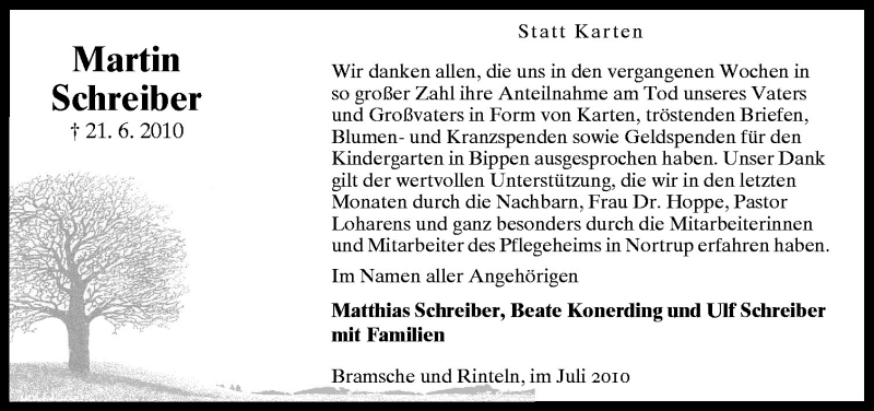  Traueranzeige für Martin Schreiber vom 31.07.2010 aus Neue Osnabrücker Zeitung GmbH & Co. KG