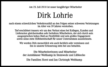 Traueranzeige von Dirk Lohrie von Neue Osnabrücker Zeitung GmbH & Co. KG