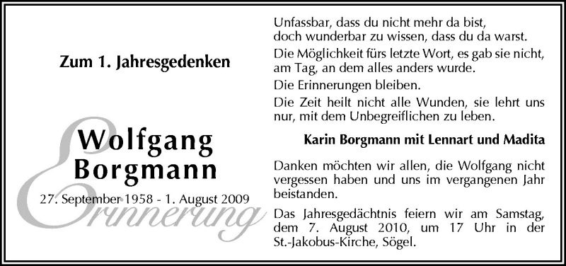  Traueranzeige für Wolfgang Borgmann vom 31.07.2010 aus Neue Osnabrücker Zeitung GmbH & Co. KG