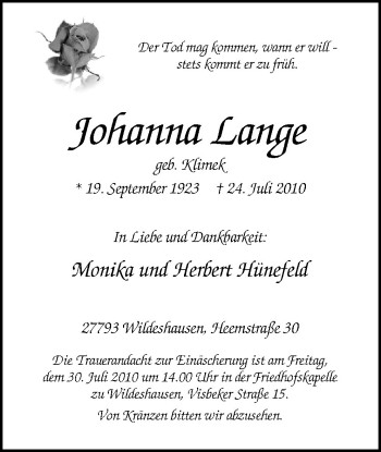 Traueranzeige von Johanna Lange von Neue Osnabrücker Zeitung GmbH & Co. KG