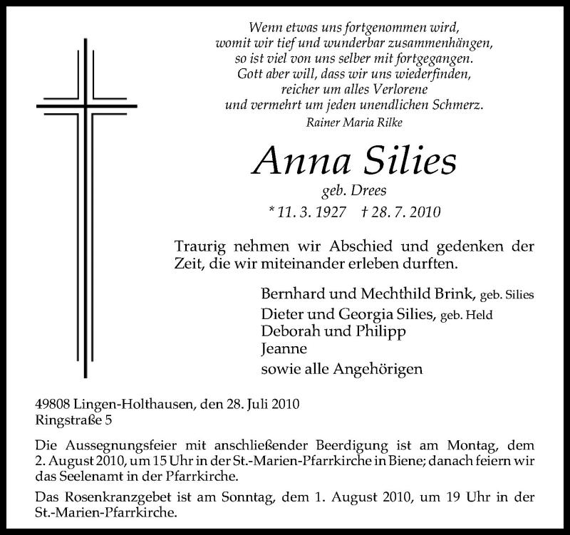  Traueranzeige für Anna Silies vom 30.07.2010 aus Neue Osnabrücker Zeitung GmbH & Co. KG