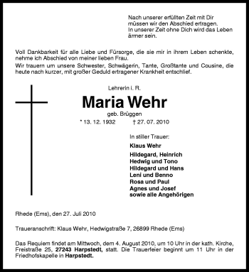 Traueranzeige von Maria Wehr von Neue Osnabrücker Zeitung GmbH & Co. KG