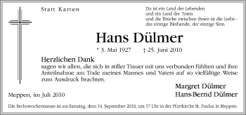Traueranzeige von Hans Dülmen von Neue Osnabrücker Zeitung GmbH & Co. KG