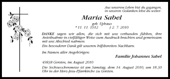 Traueranzeige von Maria Sabel von Neue Osnabrücker Zeitung GmbH & Co. KG