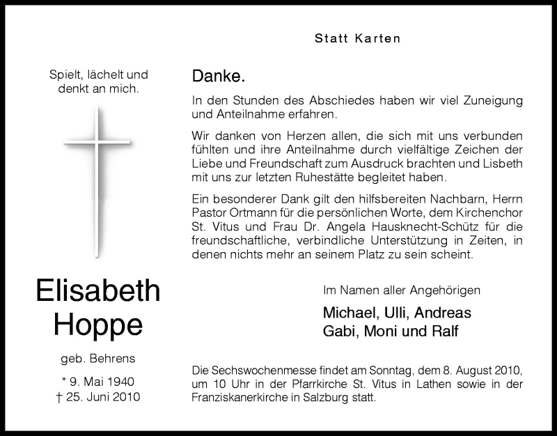  Traueranzeige für Elisabeth Hoppe vom 04.08.2010 aus Neue Osnabrücker Zeitung GmbH & Co. KG