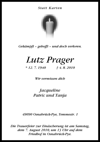 Traueranzeige von Lutz Prager von Neue Osnabrücker Zeitung GmbH & Co. KG