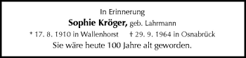 Traueranzeige von Sophie Kröger von Neue Osnabrücker Zeitung GmbH & Co. KG