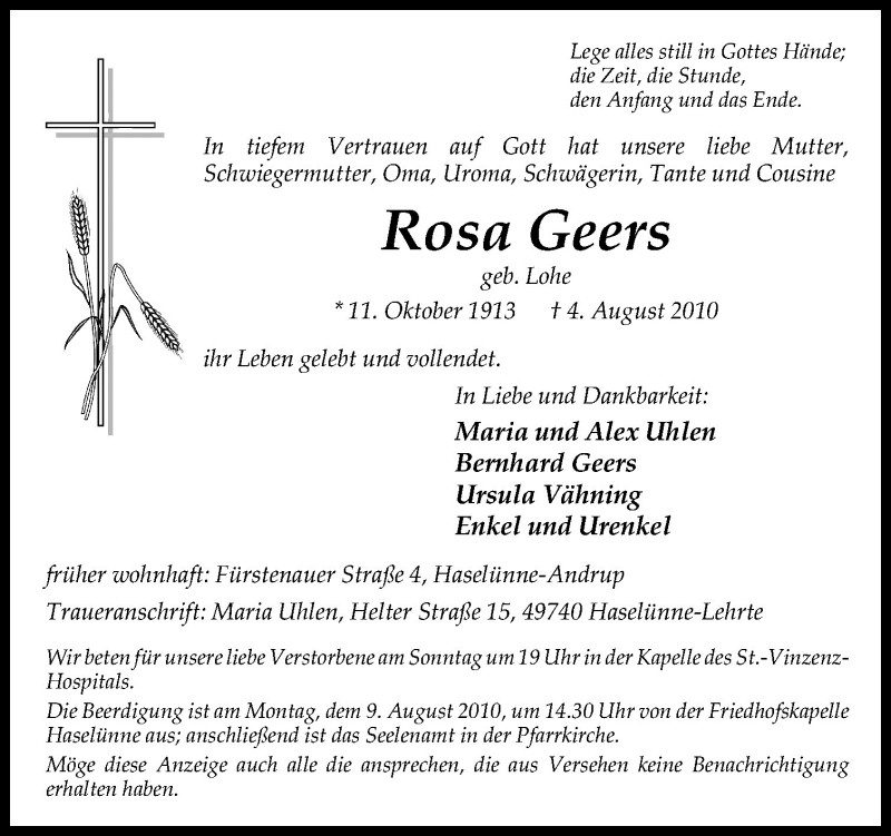 Traueranzeigen von Rosa Geers | noz Trauerportal