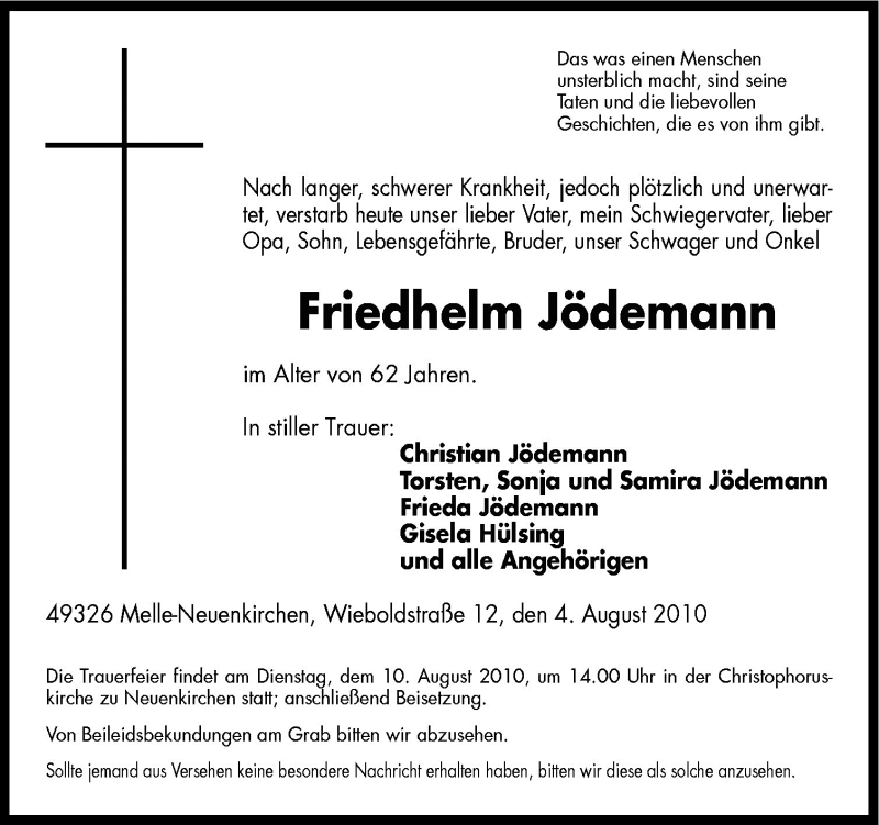  Traueranzeige für Friedhelm Jödemann vom 06.08.2010 aus Neue Osnabrücker Zeitung GmbH & Co. KG