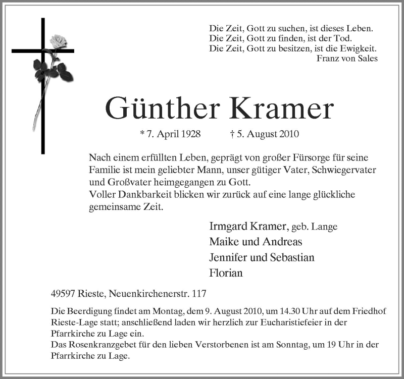  Traueranzeige für Günther Kramer vom 07.08.2010 aus Neue Osnabrücker Zeitung GmbH & Co. KG