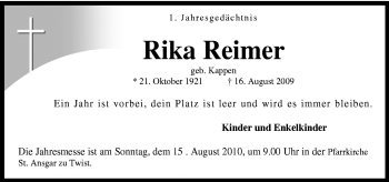 Traueranzeige von Rika Reimer von Neue Osnabrücker Zeitung GmbH & Co. KG