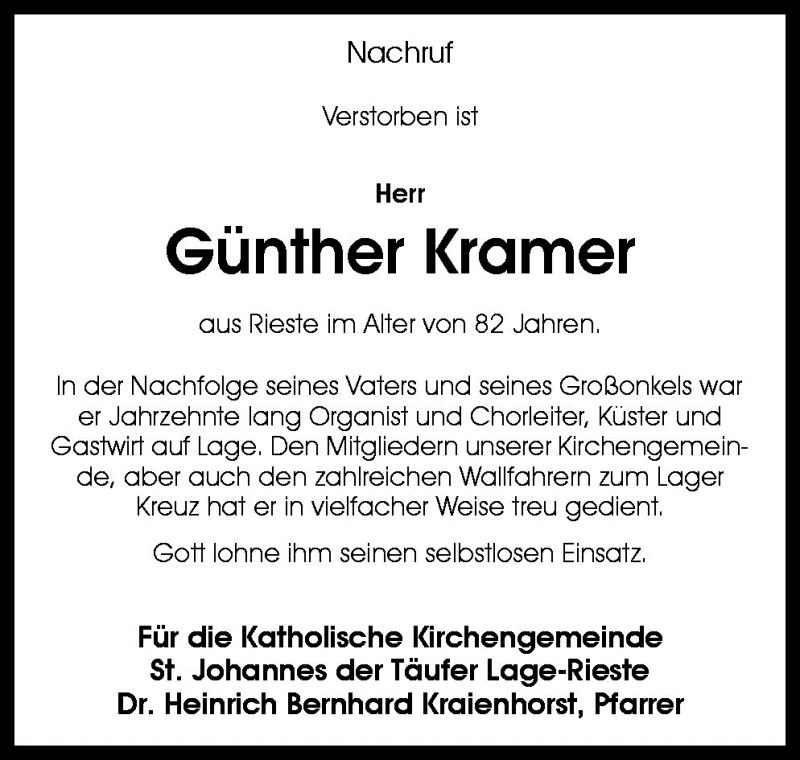  Traueranzeige für Günther Kramer vom 09.08.2010 aus Neue Osnabrücker Zeitung GmbH & Co. KG