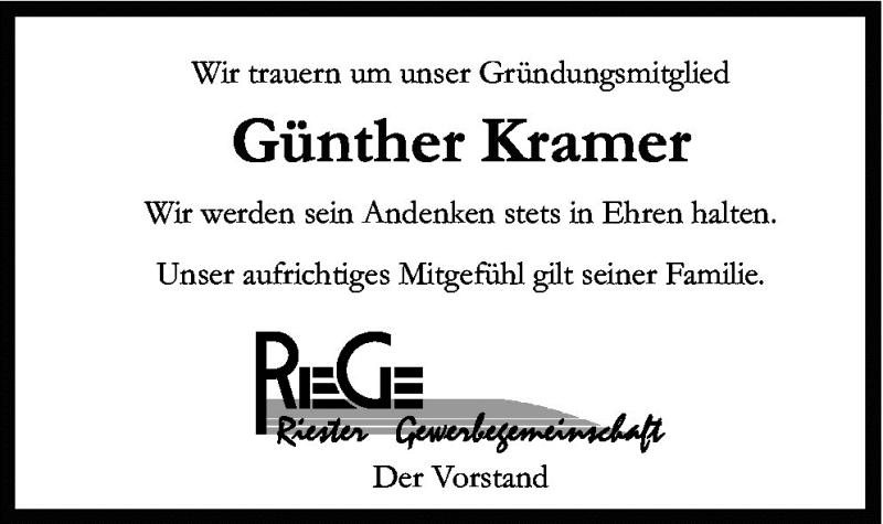  Traueranzeige für Günther Kramer vom 09.08.2010 aus Neue Osnabrücker Zeitung GmbH & Co. KG