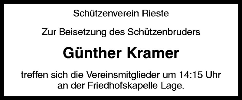  Traueranzeige für Günther Kramer vom 07.08.2010 aus Neue Osnabrücker Zeitung GmbH & Co. KG