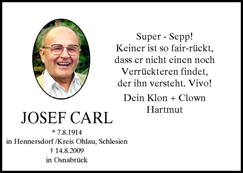  Traueranzeige für Josef Carl vom 14.08.2010 aus Neue Osnabrücker Zeitung GmbH & Co. KG