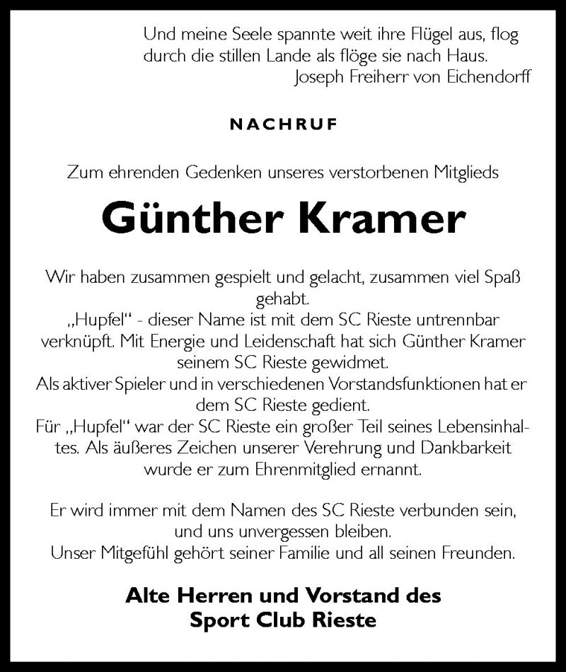  Traueranzeige für Günther Kramer vom 10.08.2010 aus Neue Osnabrücker Zeitung GmbH & Co. KG