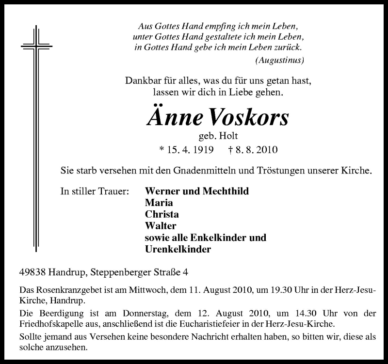  Traueranzeige für Änne Voskors vom 10.08.2010 aus Neue Osnabrücker Zeitung GmbH & Co. KG