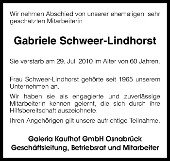 Traueranzeige von Gabriele Schweer- Lindhorst von Neue Osnabrücker Zeitung GmbH & Co. KG