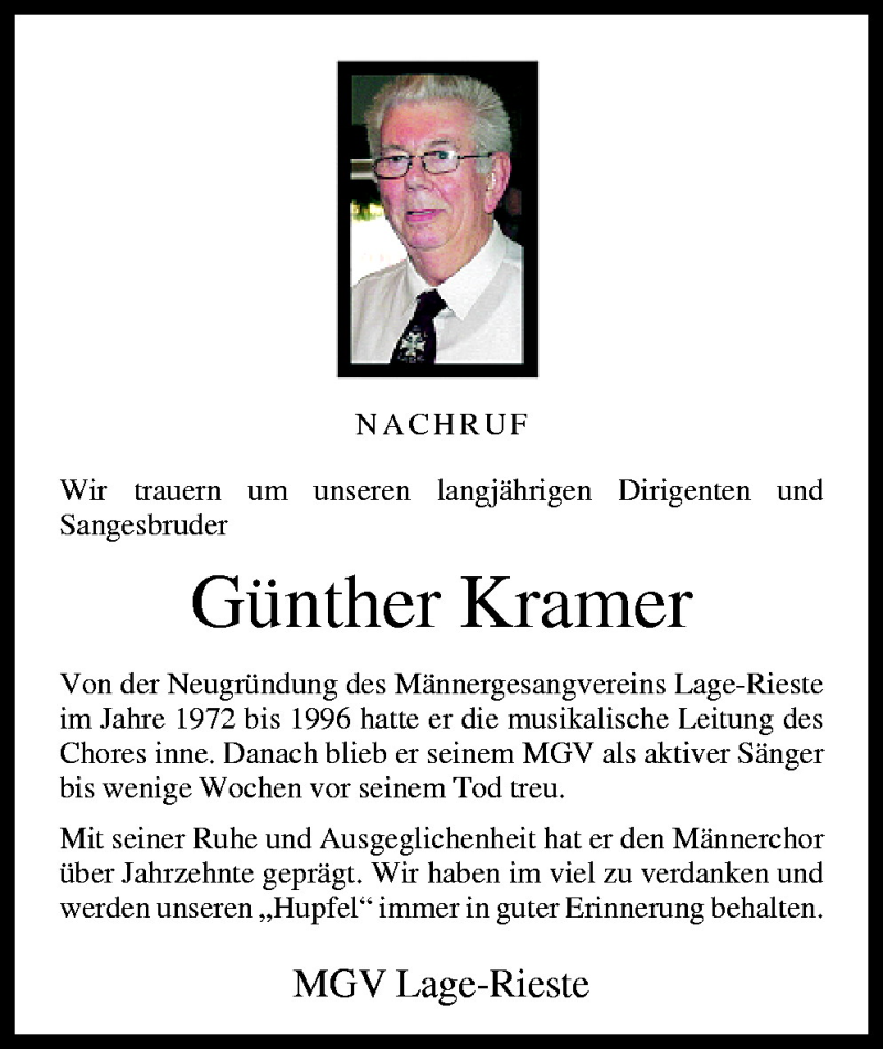  Traueranzeige für Günther Kramer vom 12.08.2010 aus Neue Osnabrücker Zeitung GmbH & Co. KG