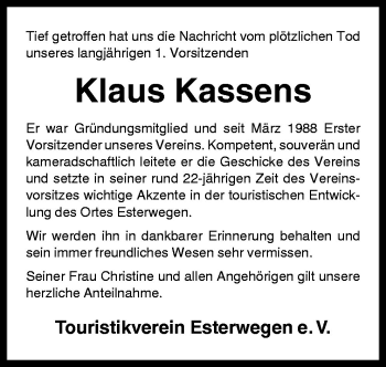 Traueranzeige von Kassens Touristik von Neue Osnabrücker Zeitung GmbH & Co. KG