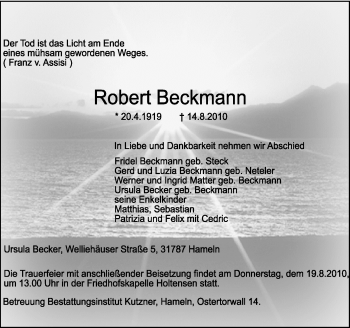 Traueranzeige von Beckmann Robert von Neue Osnabrücker Zeitung GmbH & Co. KG