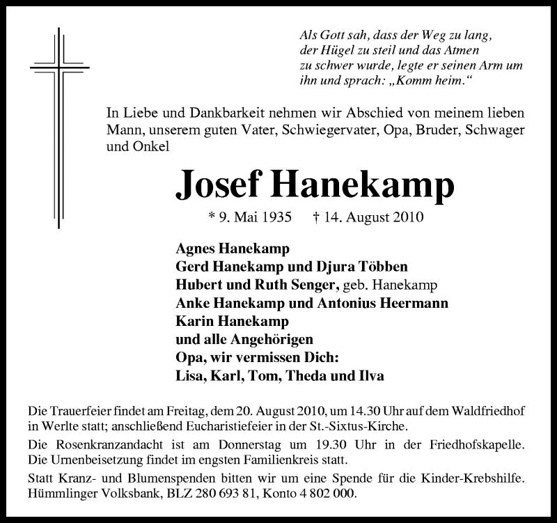  Traueranzeige für Josef Hanekamp vom 17.08.2010 aus Neue Osnabrücker Zeitung GmbH & Co. KG
