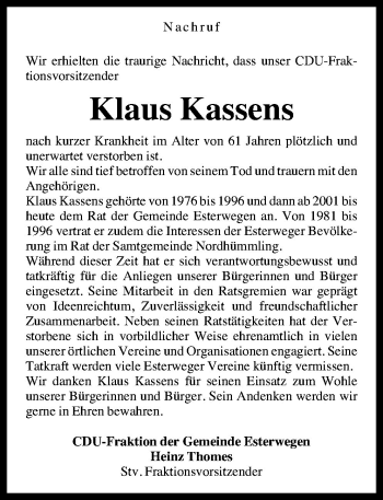 Traueranzeige von Klaus Kassens von Neue Osnabrücker Zeitung GmbH & Co. KG