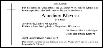 Traueranzeige von Anneliese Klevorn von Neue Osnabrücker Zeitung GmbH & Co. KG